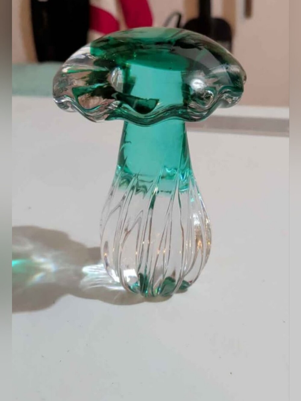Vintage Murano Glass Teal Swirl  Mushroom Paperweight 5"